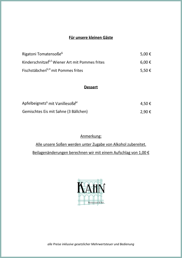 Speisekarte Kahn - Kahn - Restaurant und Bar Merzig